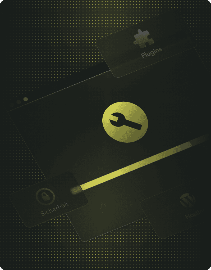 Eine digitale Illustration eines Browser-Fensters mit einem Schraubenschlüssel-Symbol und einer Ladeleiste, überlagert von durchsichtigen Symbolen für Plugins, Sicherheit und Hosting auf einem dunklen, gepunkteten Hintergrund - perfekt für die Präsentation von WordPress-Wartung oder fachkundigem WordPress-Service.