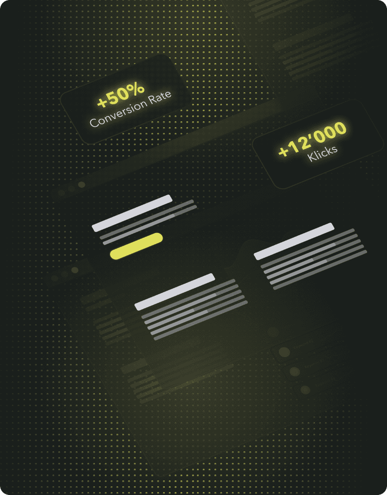 Ein digitales Dashboard-Interface einer Webdesign Relaunch Agentur zeigt Statistiken an: "+50% Conversion Rate" und "+12.000 Klicks", mit hervorgehobenen Textbereichen auf einem dunklen, gepunkteten Hintergrund.