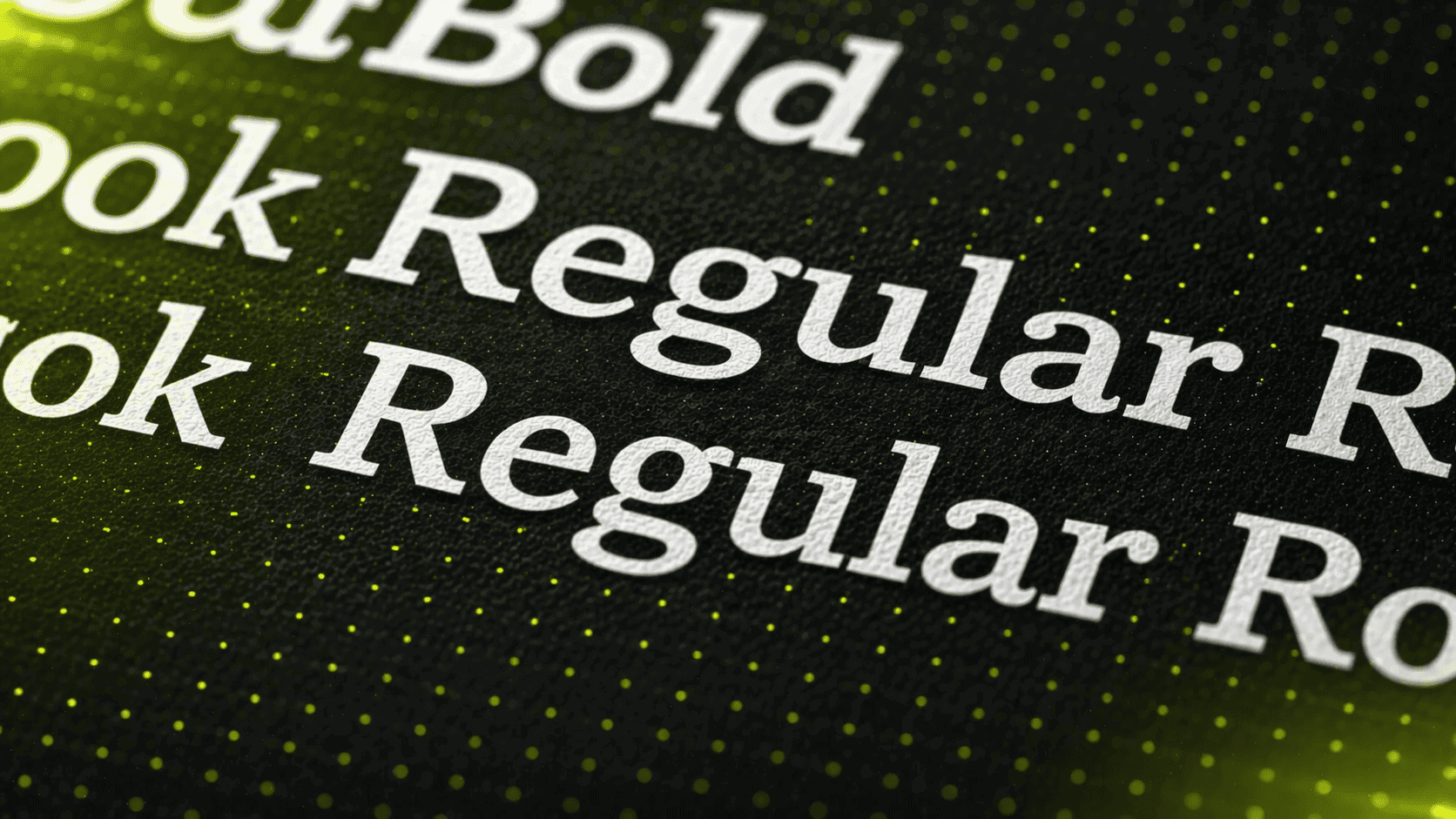 Nahaufnahme von weißem Text auf schwarzem, gepunktetem Hintergrund mit verschiedenen Schriftgraden, darunter "Bold" und "Regular".