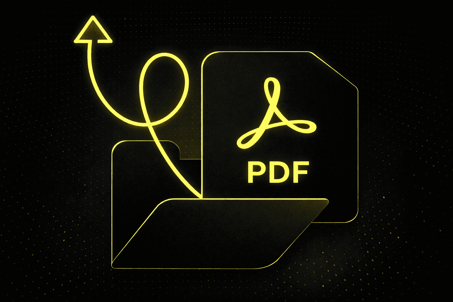 Ein leuchtend gelber Ordner mit einem Pfeil, der auf ein PDF-Symbol zeigt, steht vor einem schwarzen Hintergrund mit gepunkteten Akzenten.