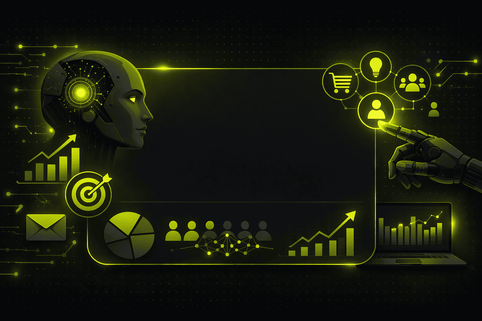 Futuristische digitale Schnittstelle mit einer Roboterhand, die das Benutzersymbol berührt, einem KI-Kopf und Datengraphen, Diagrammen und Symbolen auf einem dunklen Hintergrund mit neongelben Highlights.