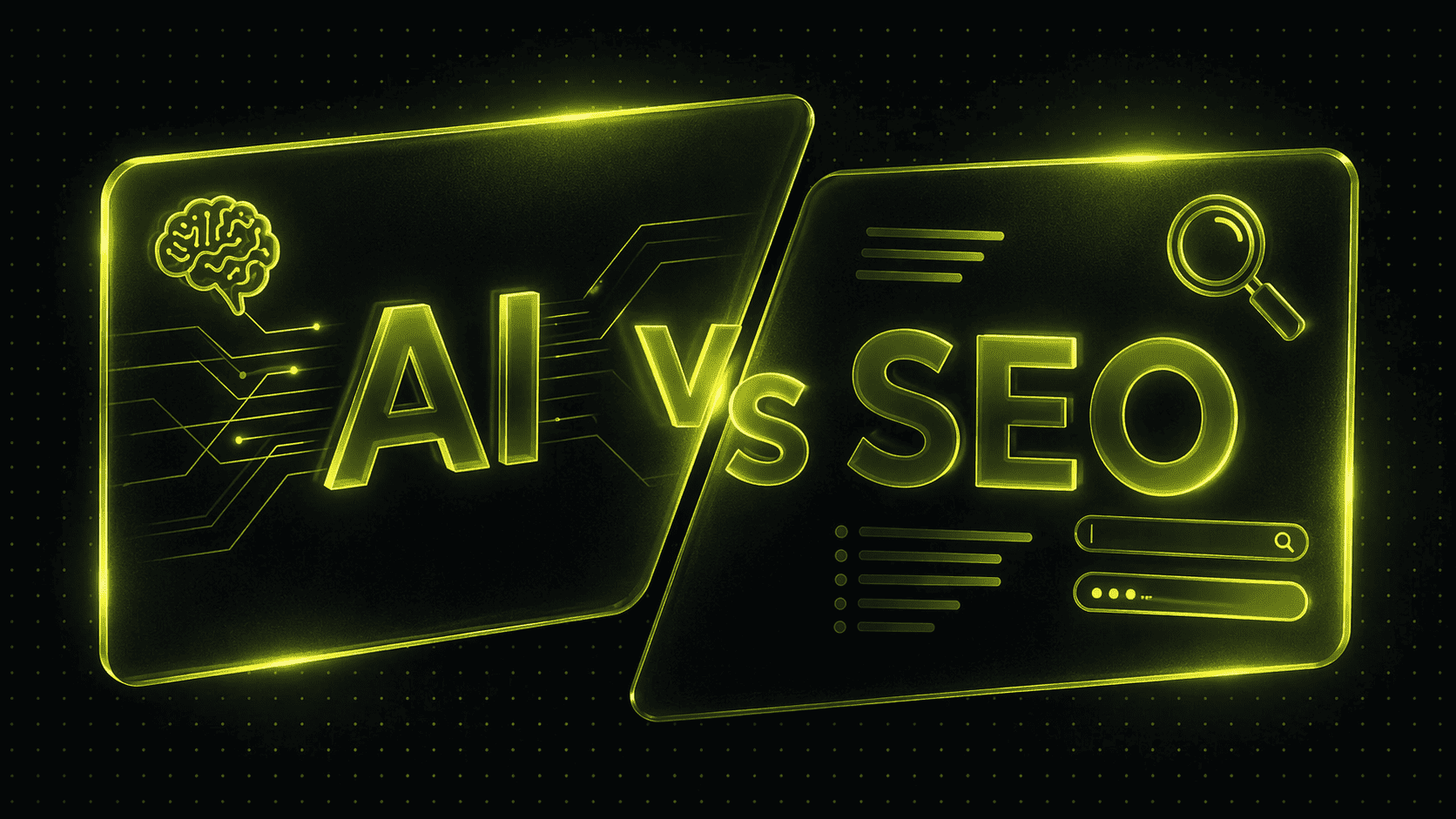 Neongrafik mit einem Gehirnsymbol und "AI" auf der linken Seite, "vs" in der Mitte und einem Lupensymbol mit "SEO" auf der rechten Seite, das den Vergleich von AI und SEO darstellt.