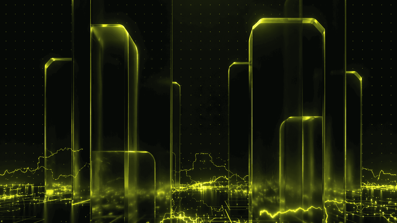 Futuristisches Stadtbild mit hohen, leuchtenden gelben Gebäuden und digitalen Gitternetzlinien vor einem dunklen Hintergrund.