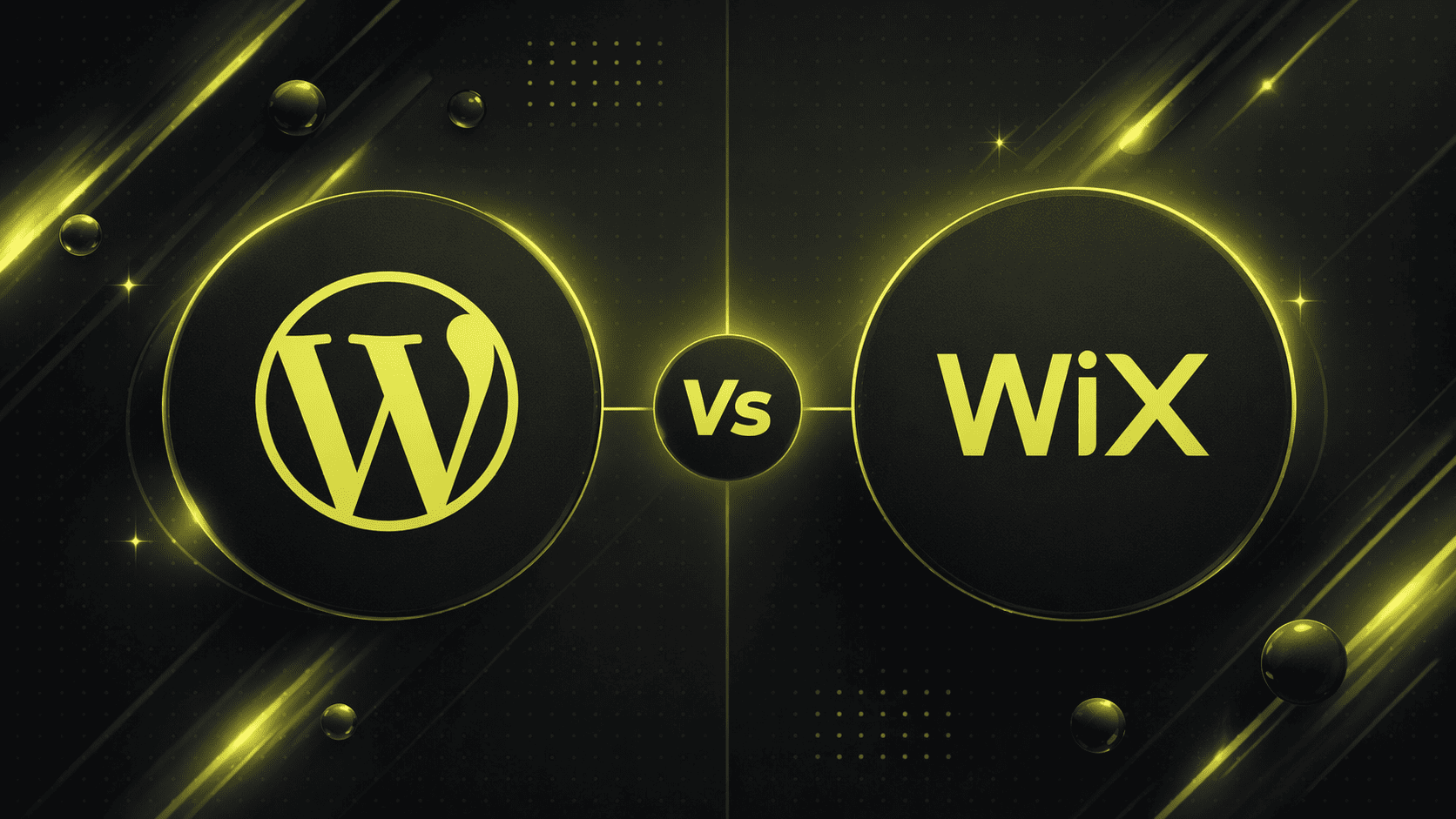 Das WordPress-Logo auf der linken Seite und das Wix-Logo auf der rechten Seite, getrennt durch ein "V" in der Mitte, mit einem schwarz-gelben digitalen Themenhintergrund.