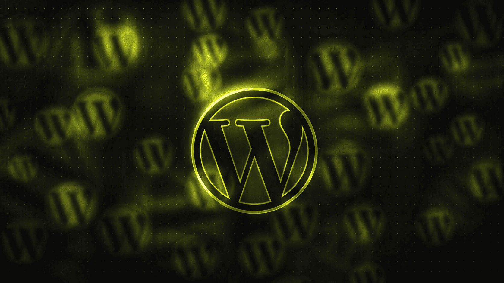 Ein leuchtend gelbes WordPress-Logo ist auf einem dunklen Hintergrund zentriert, mit mehreren verschwommenen WordPress-Logos im Hintergrund.
