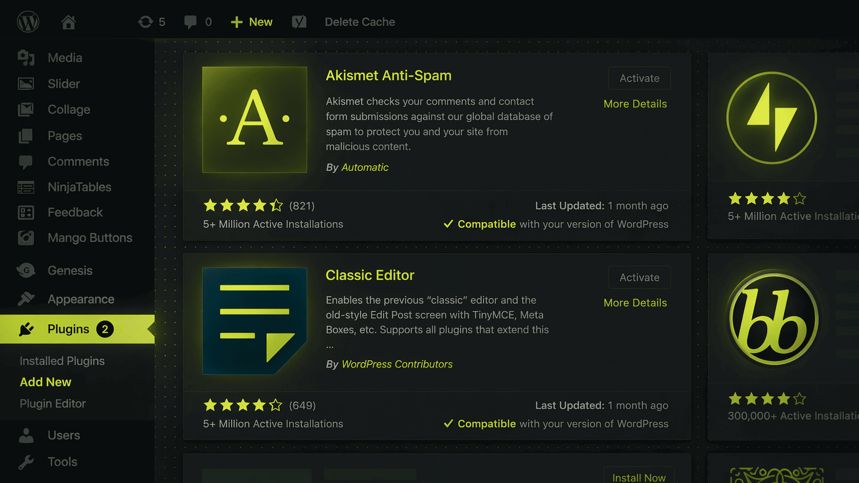 Ein Screenshot des WordPress-Dashboards zeigt den Bereich Plugins mit den aktivierbaren Plugins Akismet Anti-Spam und Classic Editor.