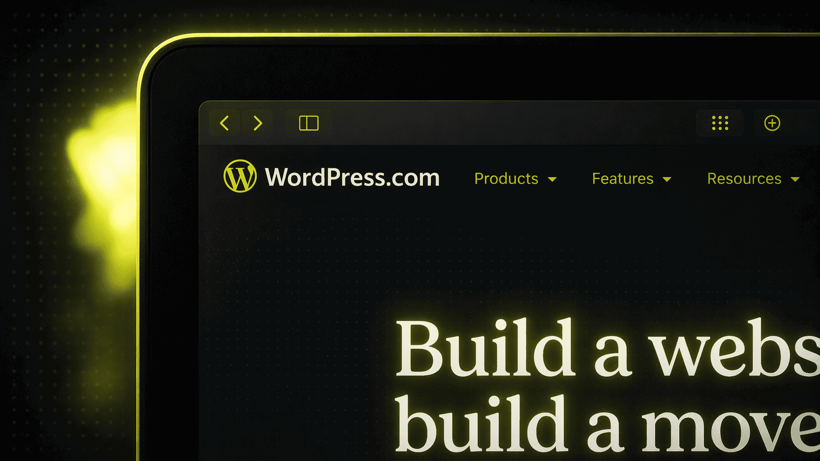 Nahaufnahme eines Computerbildschirms, auf dem die WordPress.com-Website mit dunklem Hintergrund und gelb leuchtenden Highlights angezeigt wird.