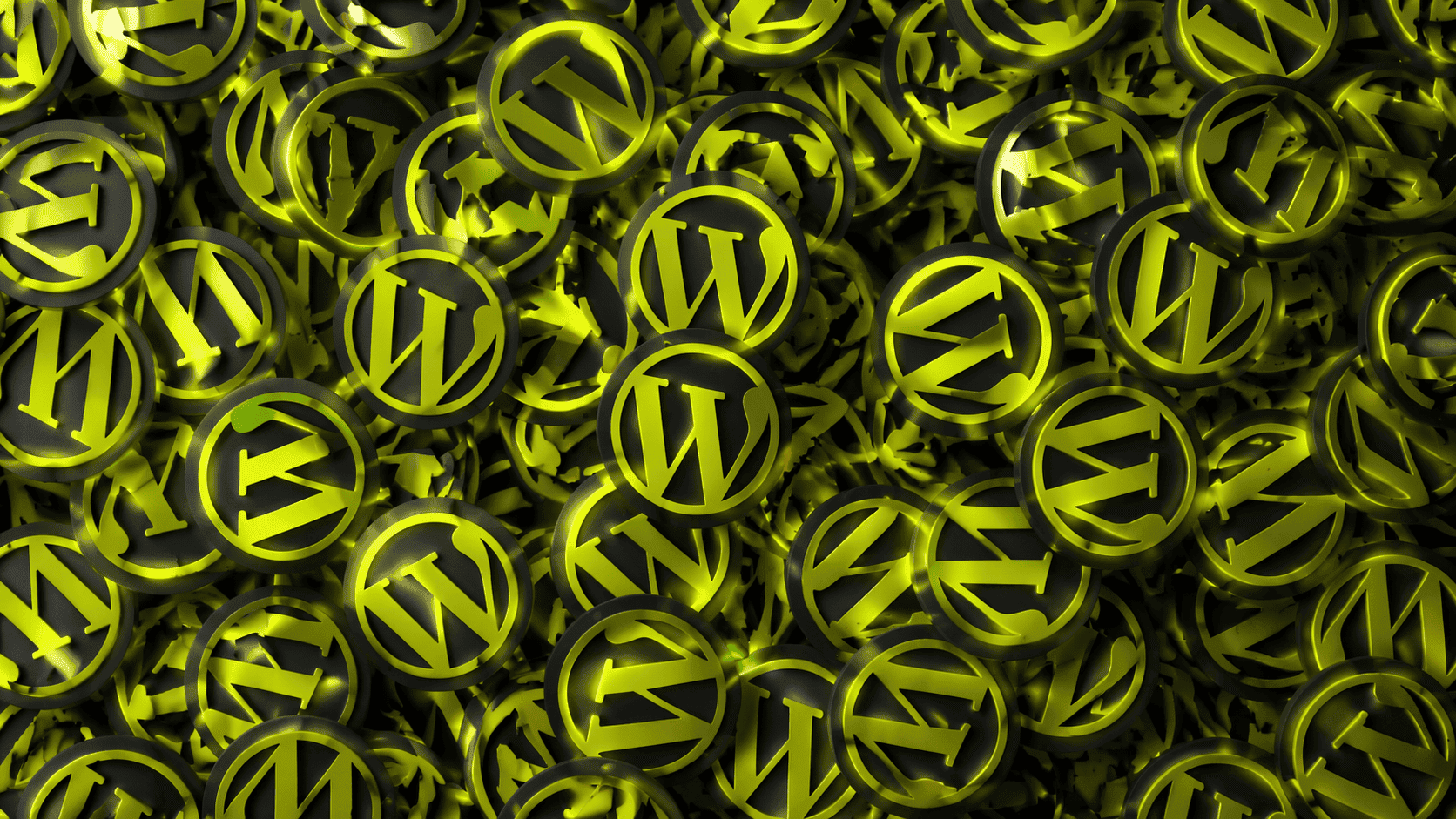 Ein Haufen glänzender, gelber und schwarzer Münzen, auf denen jeweils das WordPress-Logo abgebildet ist, überlappen sich und bedecken das gesamte Bild.