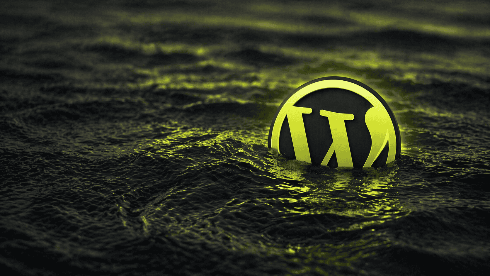 Das WordPress-Logo ist teilweise in dunkles, kräuselndes Wasser eingetaucht, das von einem gelb-grünen Licht beleuchtet wird.
