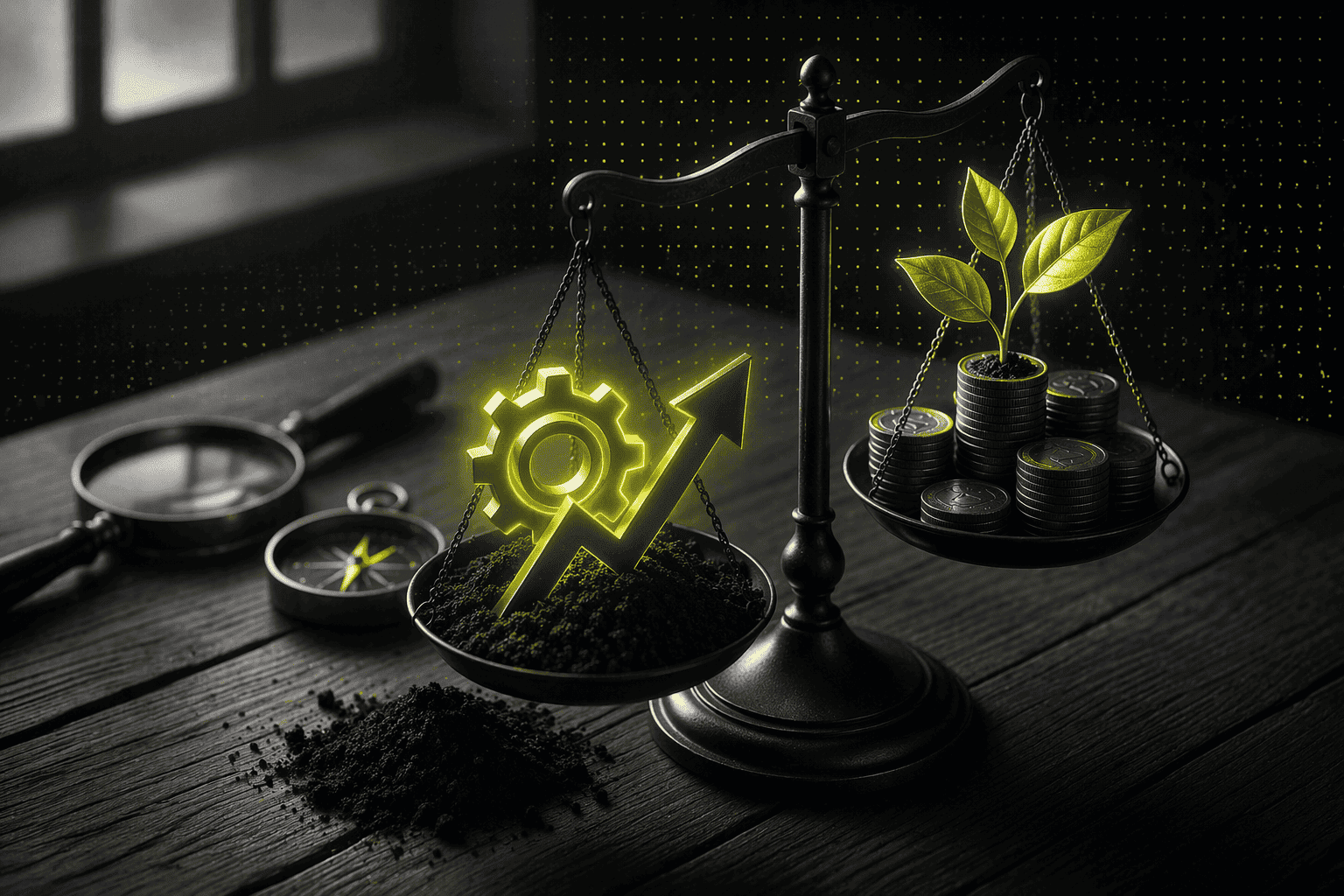 Eine Waage mit einem Zahnrad und einem Pfeil auf der einen Seite und Münzstapeln mit sprießenden Pflanzen auf der anderen Seite, die das Gleichgewicht zwischen Industrie und finanziellem Wachstum symbolisieren.