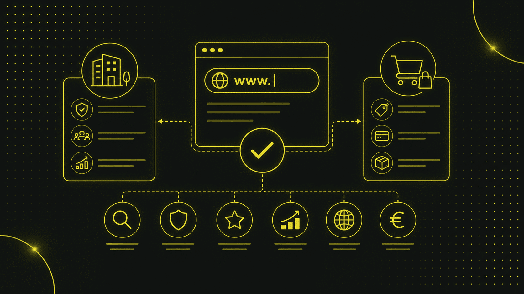 Eine digitale Illustration zeigt Website-Elemente, die mit Geschäfts- und Einkaufssymbolen verbunden sind und Online-Dienste und E-Commerce repräsentieren, die alle mit gelben Linien auf schwarzem Hintergrund hervorgehoben sind.