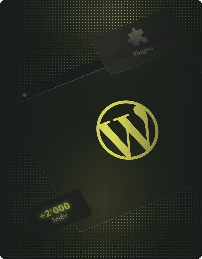 Ein schwarzes und grünes Design mit dem WordPress-Logo und Hinweisen zu Plugins und Verkehr.