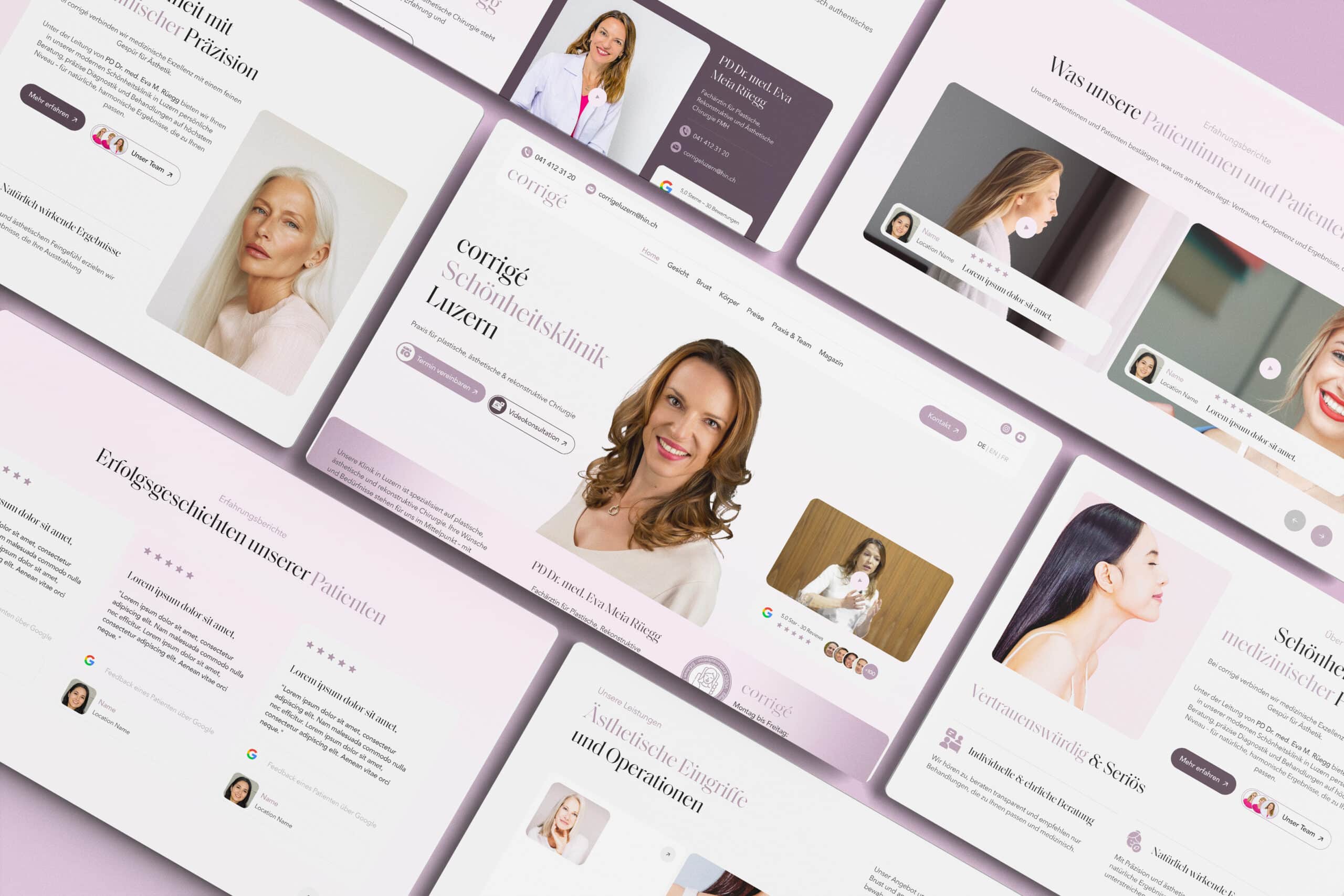 Eine Collage von Webseiten aus einem Website-Relaunch der Schönheitsklinik, mit Frauenporträts, Testimonials und Serviceinformationen - alles in einem klaren, pastellfarbenen Design.