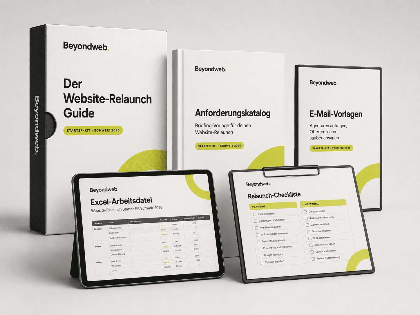 Website-Relaunch Starter-Kit von Beyondweb: Guide, Anforderungskatalog, E-Mail-Vorlagen, Excel-Arbeitsdatei und Relaunch-Checkliste
