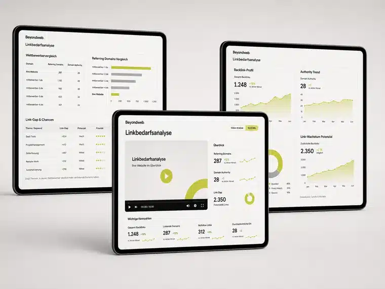 Linkbedarf-Analyse von Beyondweb auf drei Tablets: Wettbewerbervergleich, Link-Gap-Tabelle und Backlink-Profil