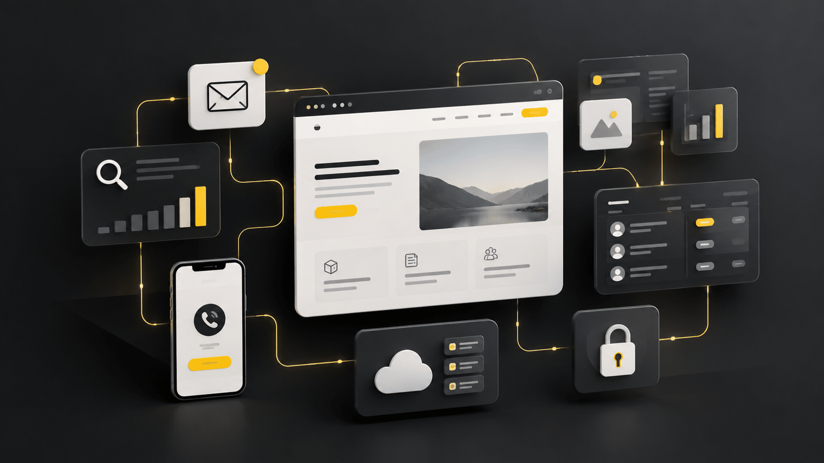Vernetztes Website-Dashboard mit gelben Akzenten