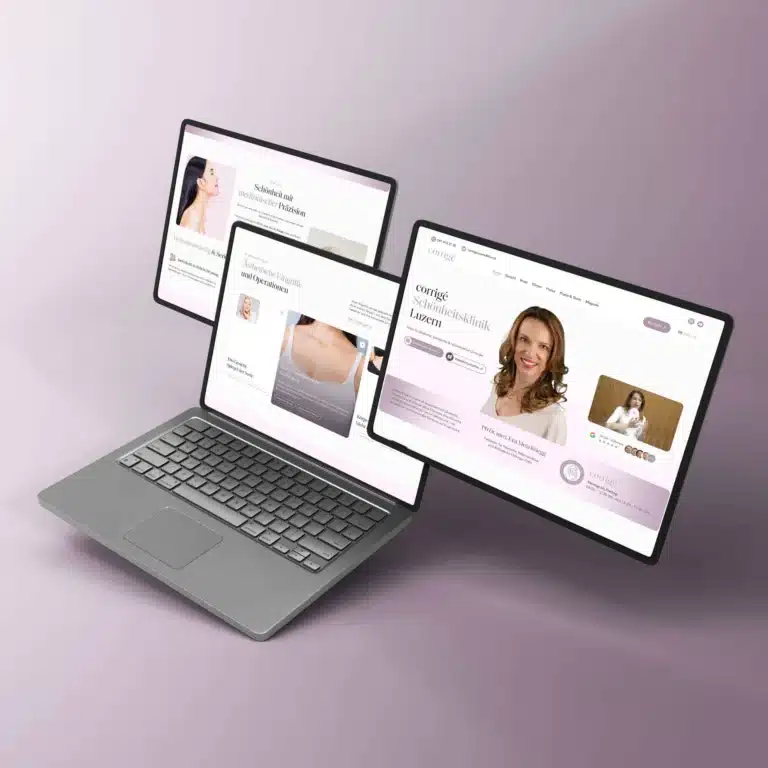 Laptop und Tablets zeigen die neue Website der Schönheitsklinik corrigé in Luzern